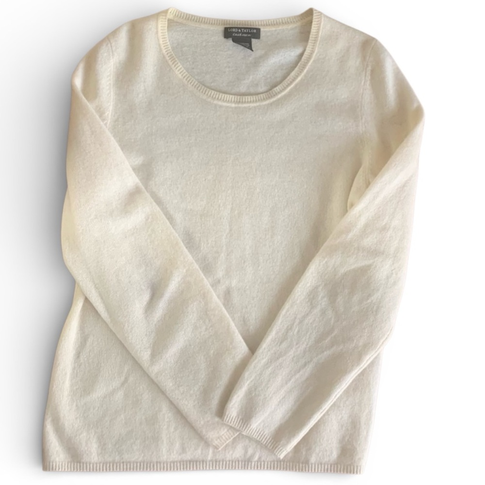 Lord & Taylor 100% Cashmere Sweater XL Ivory Cream Luxury Soft Classic Crewneck